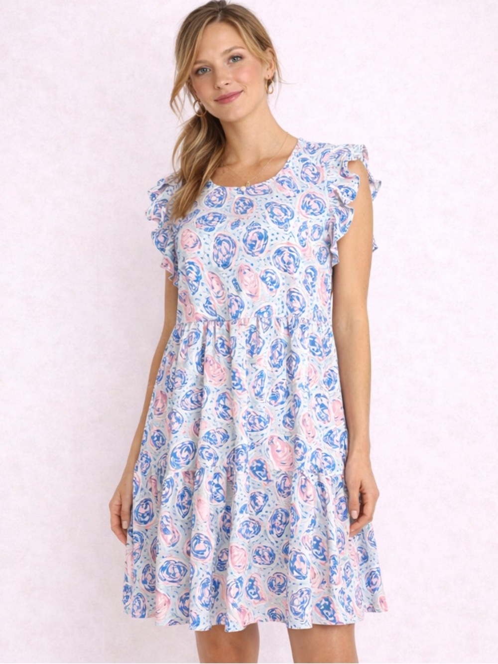 Simply Southern Oyster Print Dress | Coastal Preppy Ruffle Sleeve Tiered Dress - Picture 2 of 6